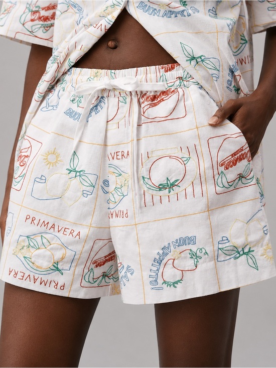 Damson Madder Pants - NEW Damson Madder Bon Appetito Embroidered Organic Cotton Linen Blend Shorts